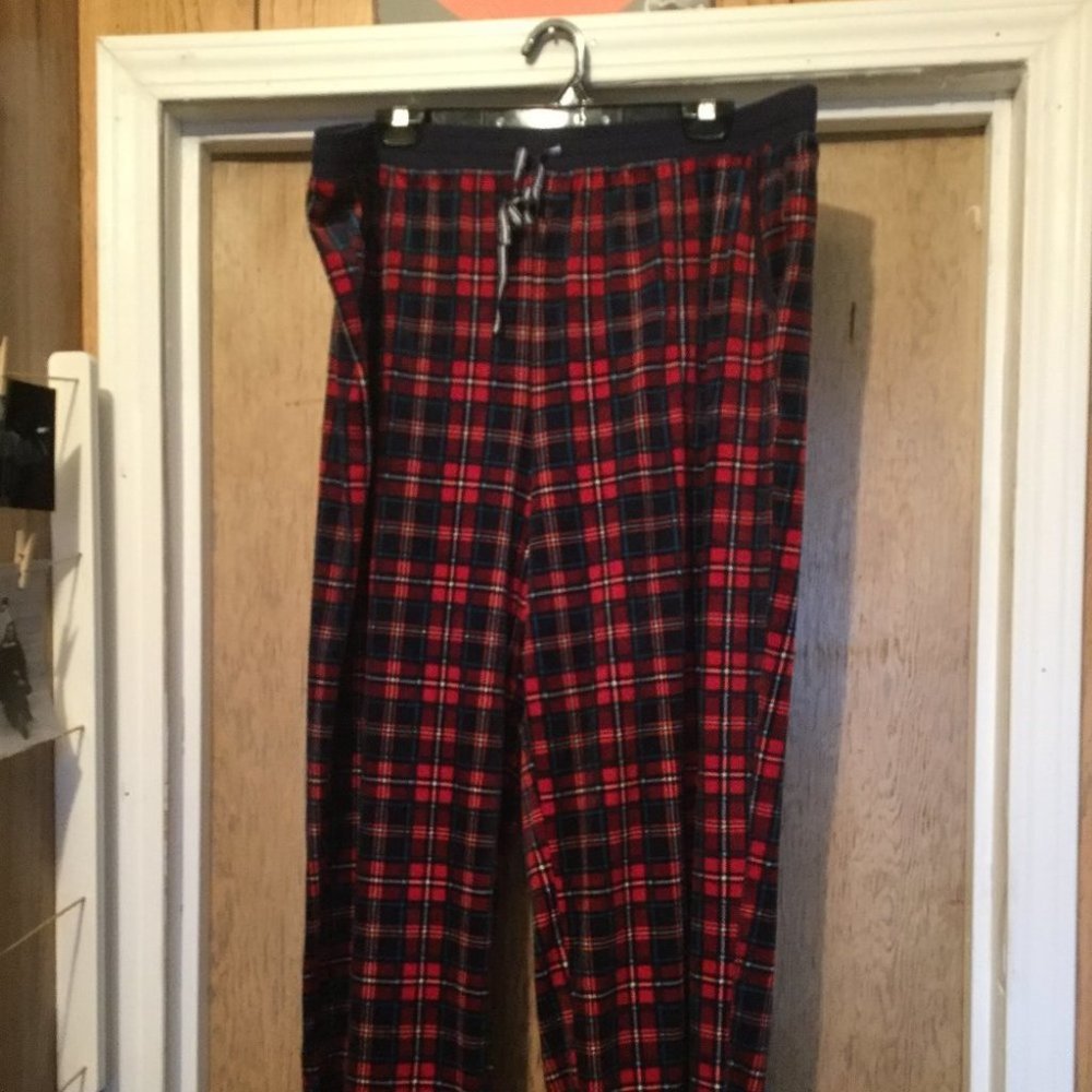 New  plus size Nautica fleece pull on lounge pants with pockets plaid red blue